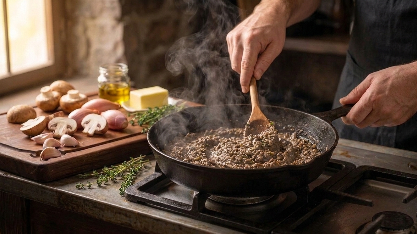 Mushroom duxelles being stirred in a skillet as steam rises, showing a thick paste-like texture on a home stove
