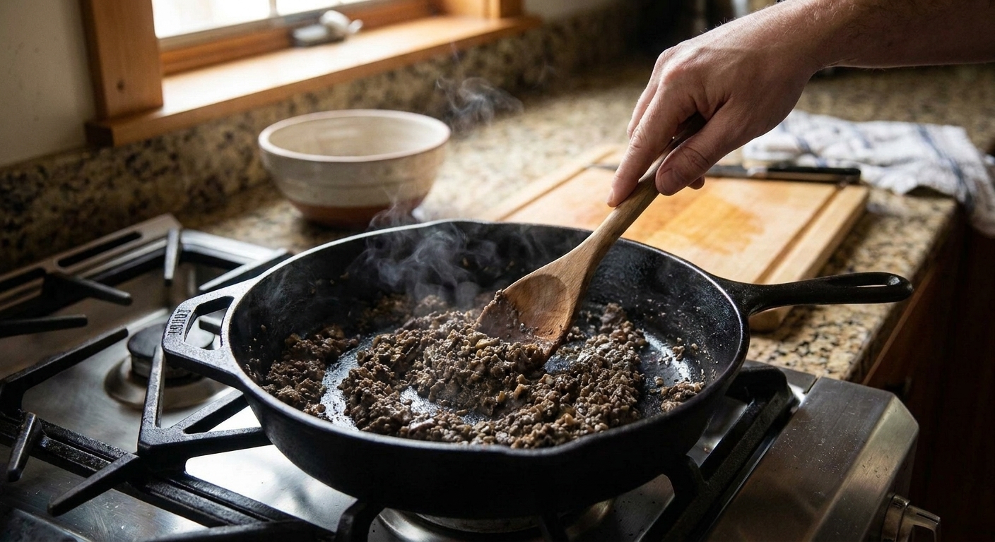 Mushroom duxelles cooking in a skillet, dark and concentrated with most moisture cooked off, a wooden spoon stirring