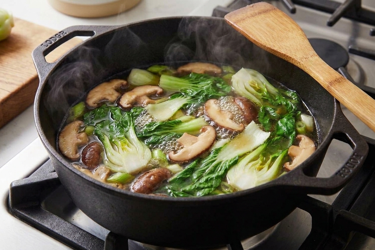 Mushrooms and chopped bok choy gently simmering in clear broth in a pot
