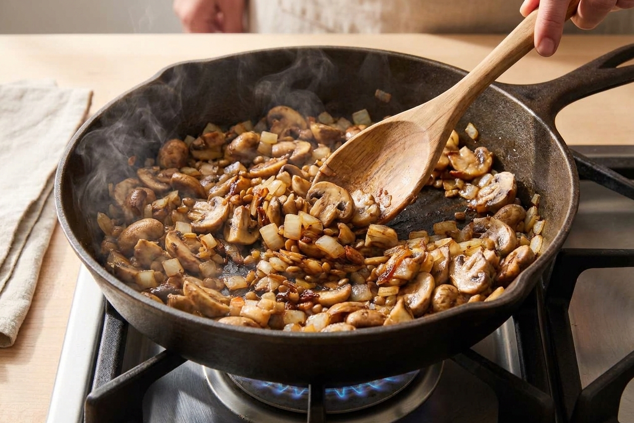 Mushrooms and diced onions sautéing in a skillet until browned, with a wooden spoon stirring