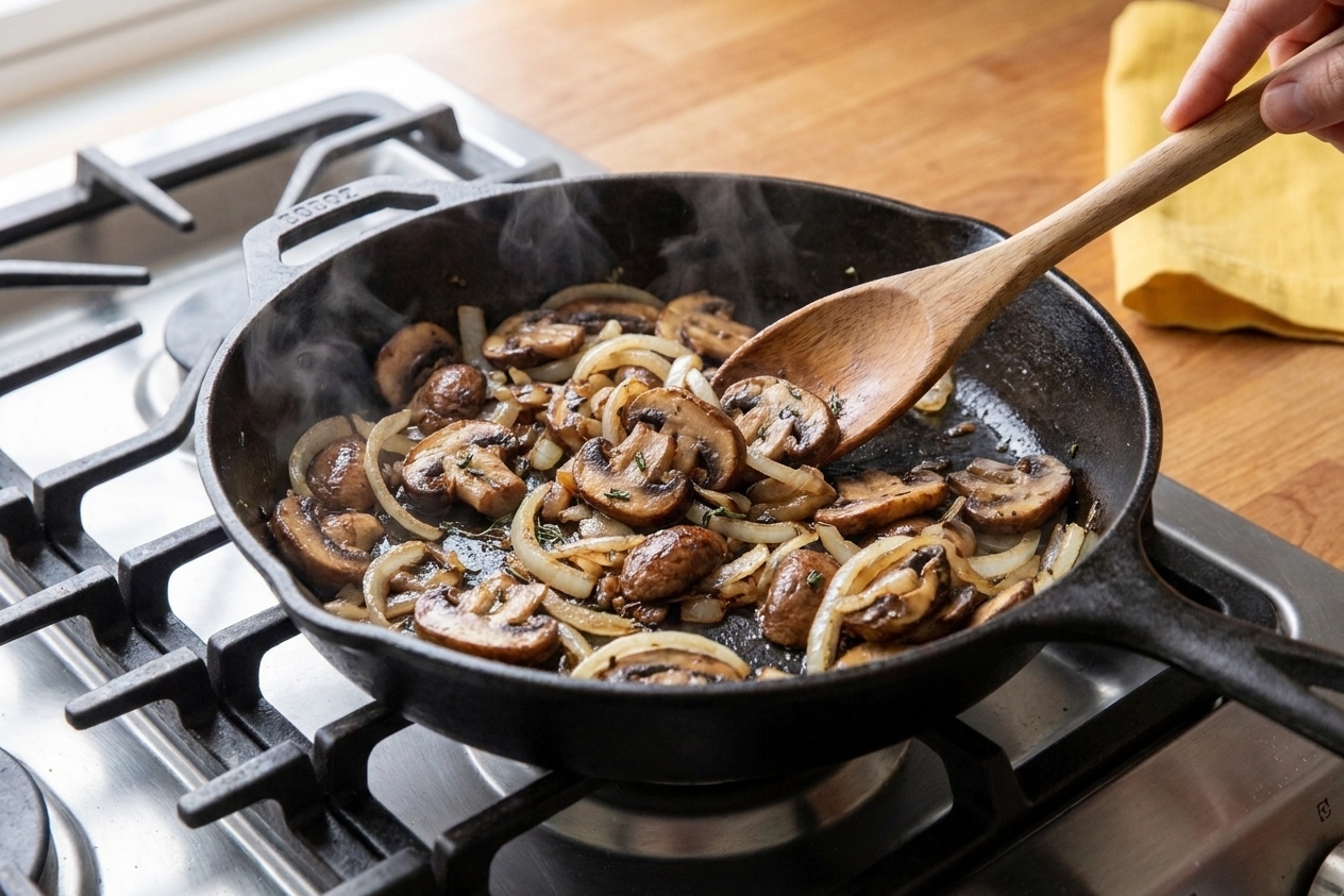 Mushrooms and onions sautéing in a skillet until browned and caramelized on a stovetop with a wooden spoon nearby