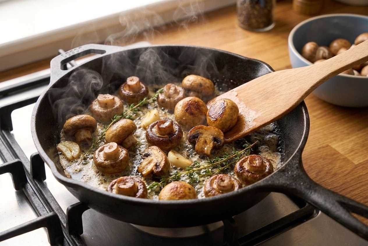 Mushrooms browning in a hot skillet with butter, showing caramelized edges and steam rising
