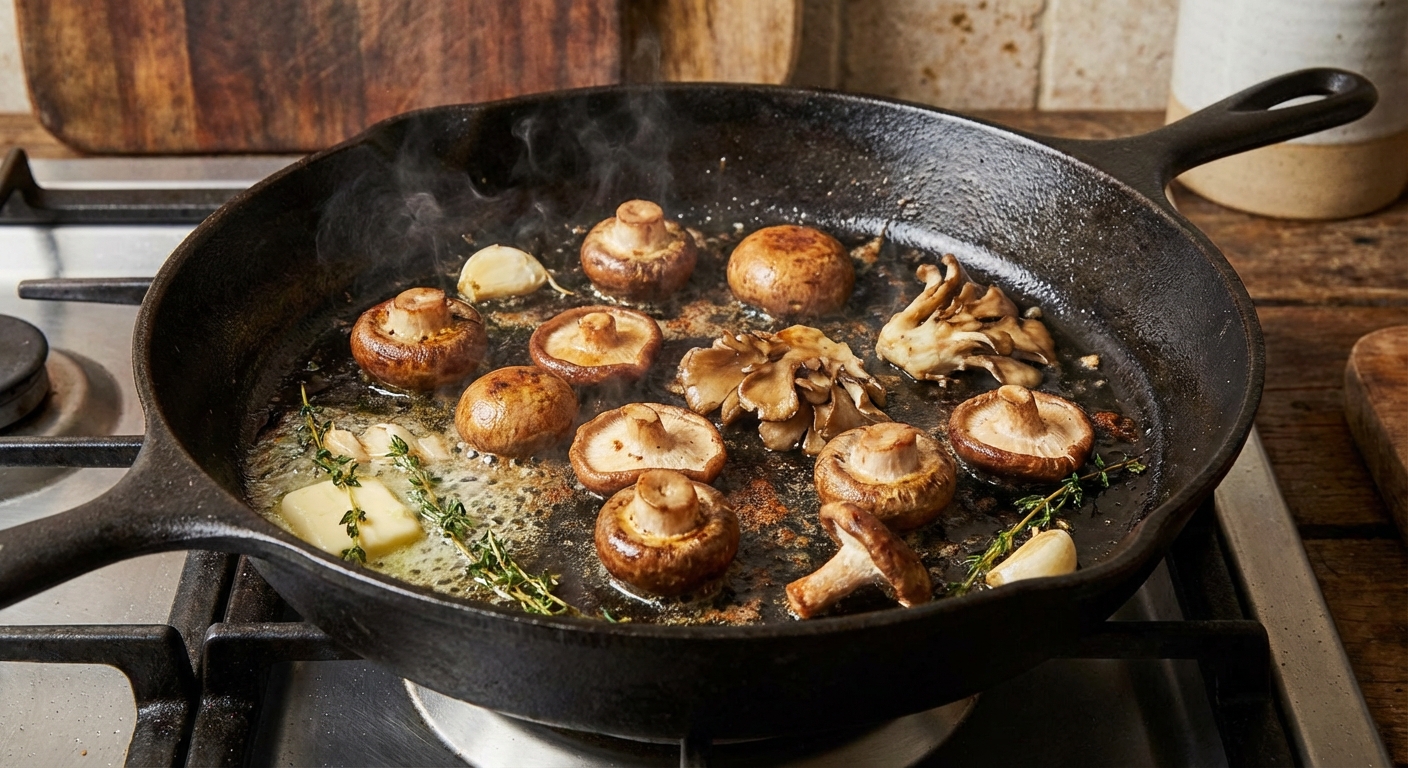 Mushrooms browning in a hot skillet with space between them