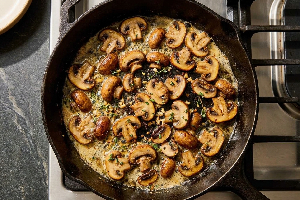 Mushrooms browning in a large skillet with butter on a stovetop, edges turning golden