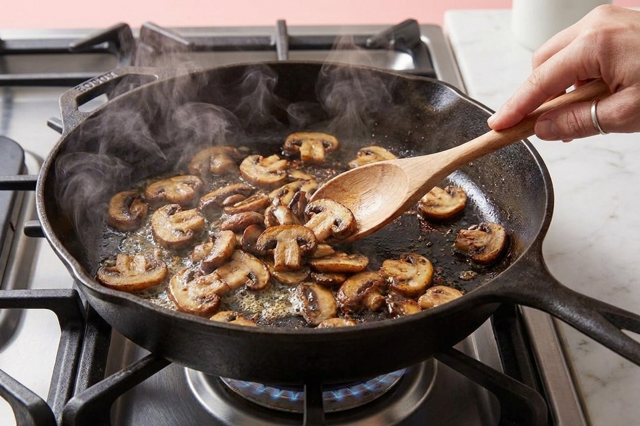 Mushrooms browning in a large skillet with golden edges forming, steam rising over a stovetop