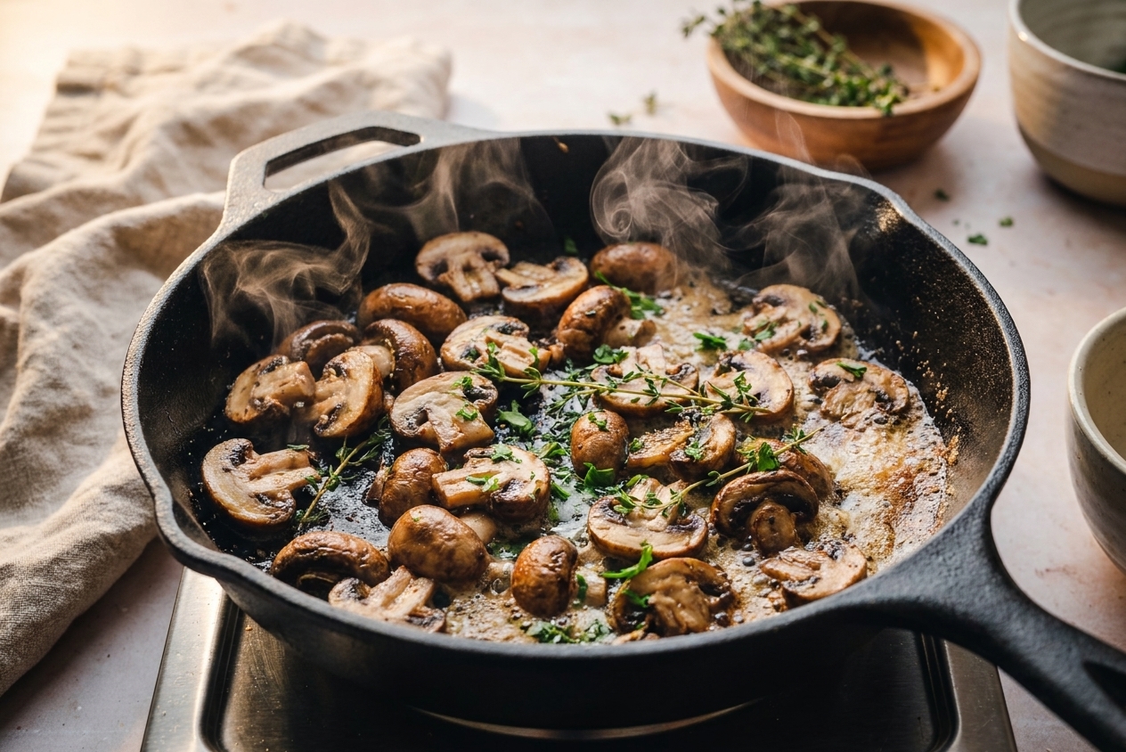 Mushrooms browning in a skillet with butter and herbs, steam rising in warm kitchen light