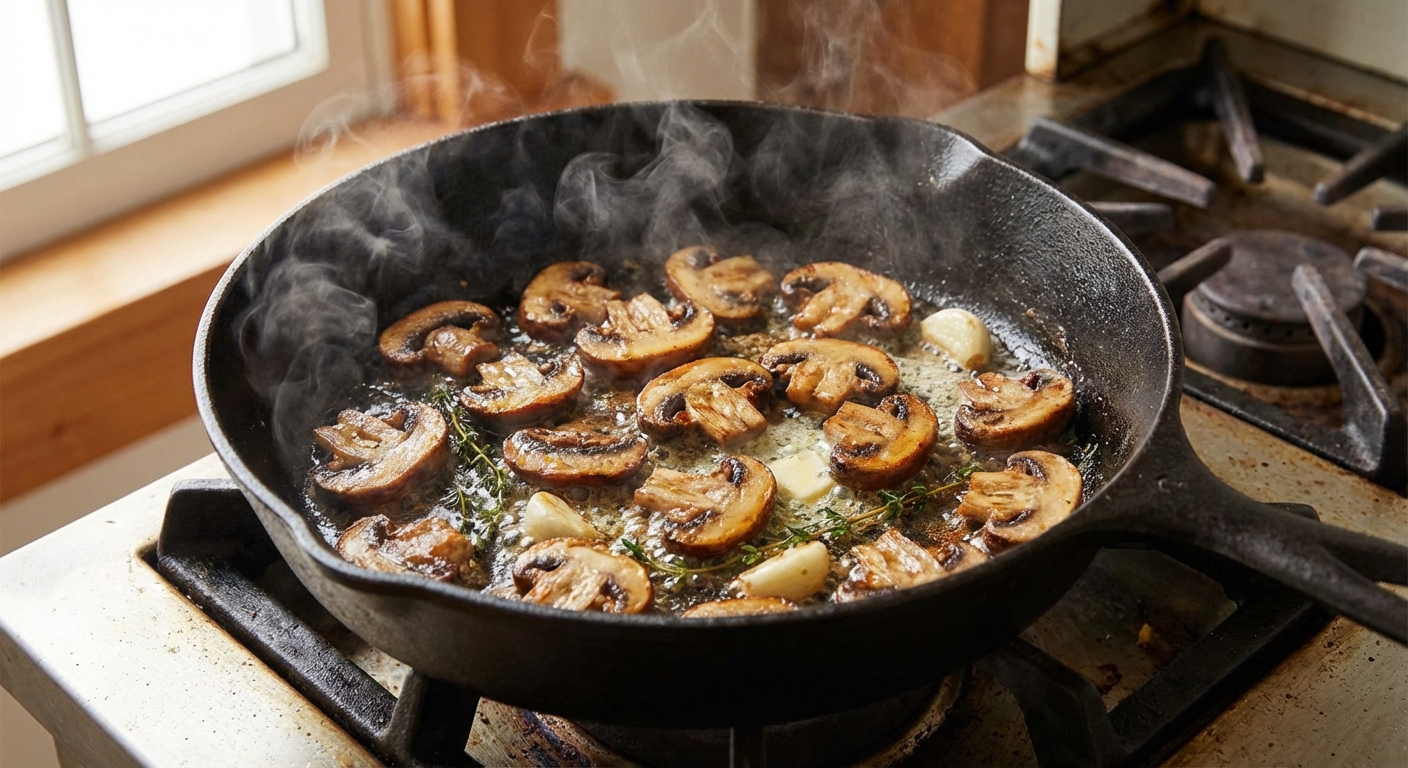 Mushrooms browning in a skillet with golden edges and steam rising