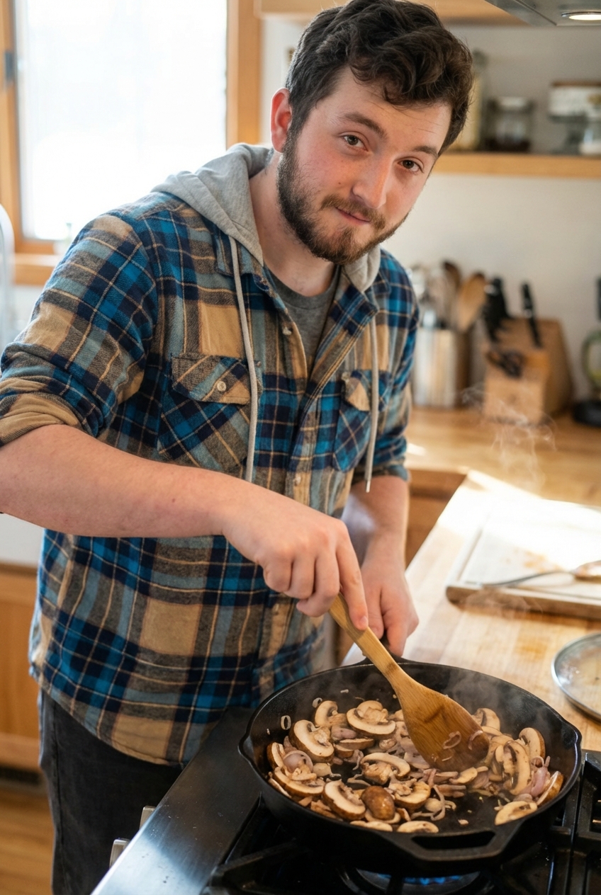 Mushrooms browning in a skillet with sliced shallots and a wooden spoon