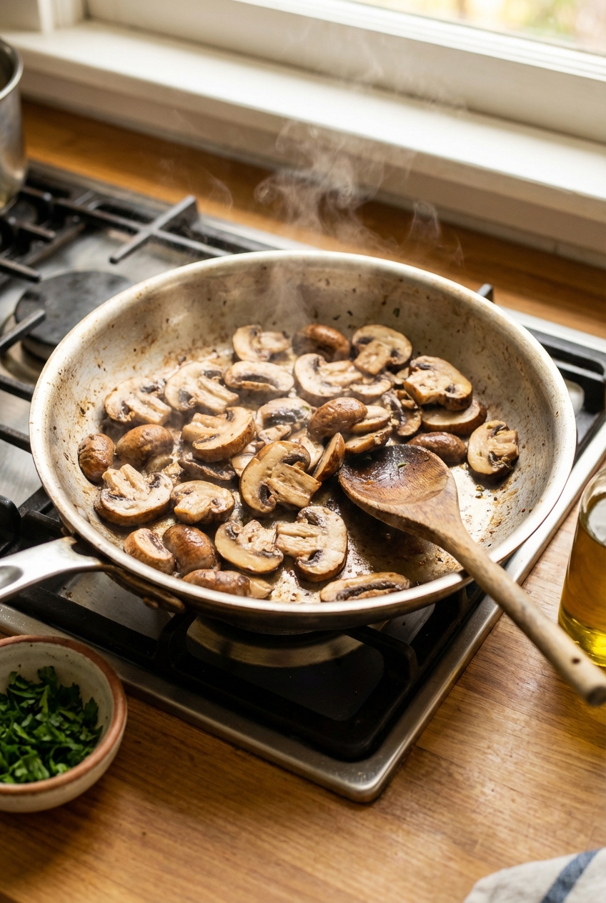 Mushrooms browning in a stainless steel skillet with a wooden spoon nearby