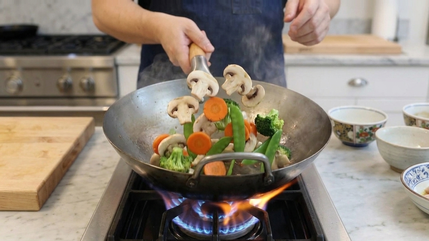 Mushrooms, carrots, broccoli, and snow peas being tossed in a wok over a gas burner
