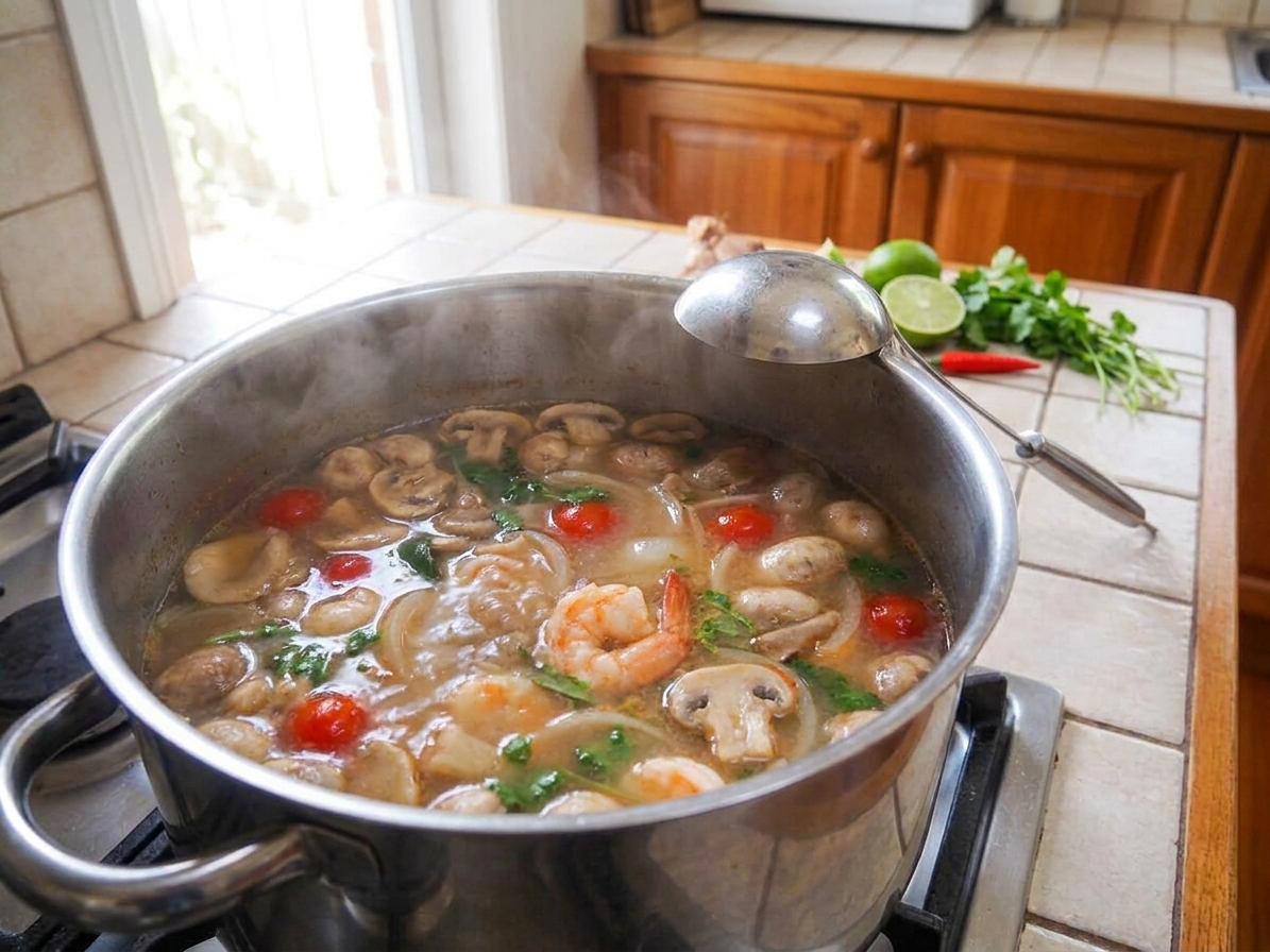 Mushrooms cooking in a pot of tom yum broth with a ladle resting on the rim