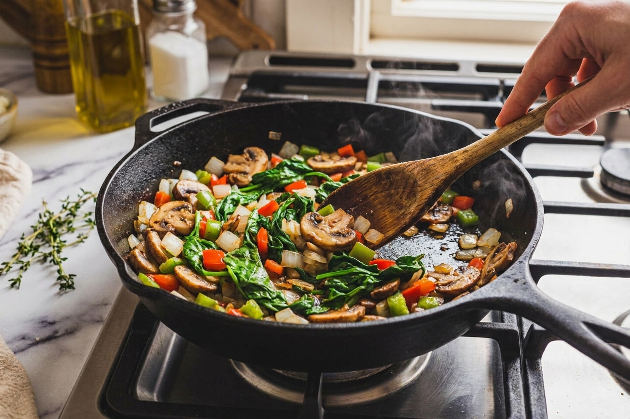 Mushrooms, onions, bell pepper, and spinach sautéing in a black skillet on a stovetop with a wooden spoon