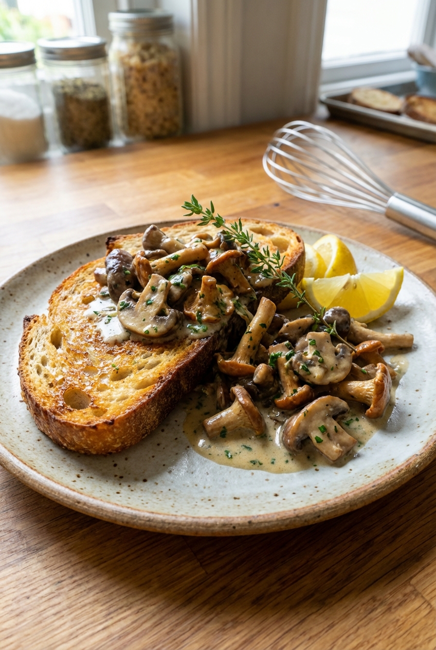 Mushrooms spooned over toasted sourdough on a plate with lemon wedges