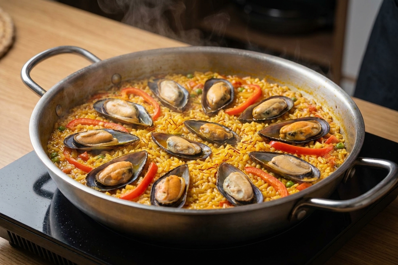 Mussels nestled into simmering saffron rice in a wide paella pan on a stovetop