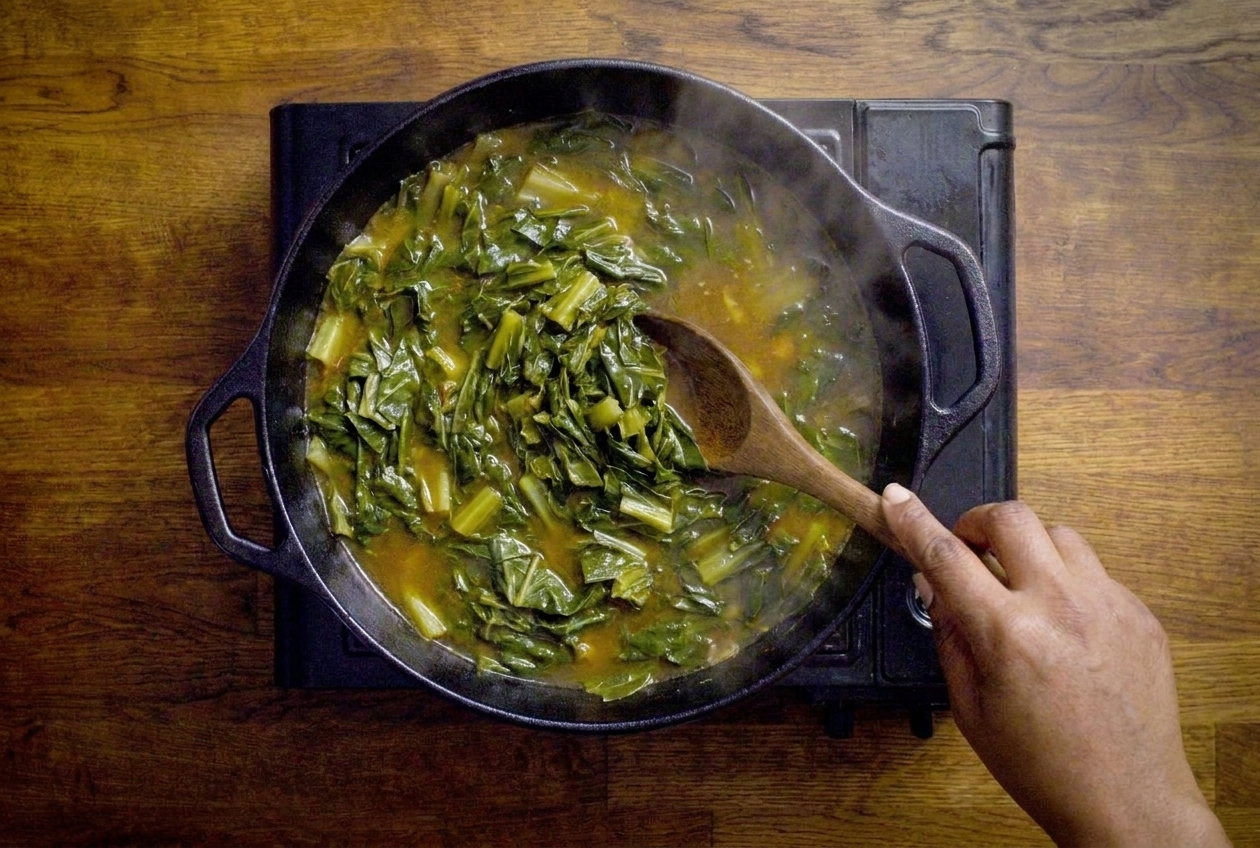 Mustard greens simmering in a large pot on the stove with broth visible and a wooden spoon resting inside