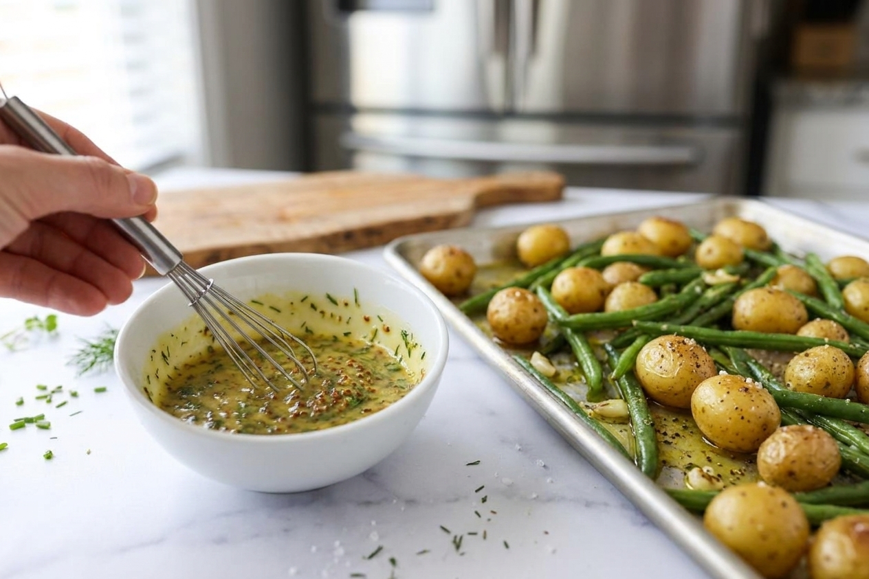 Mustard herb sauce being whisked in a small bowl next to a sheet pan of roasted potatoes and green beans