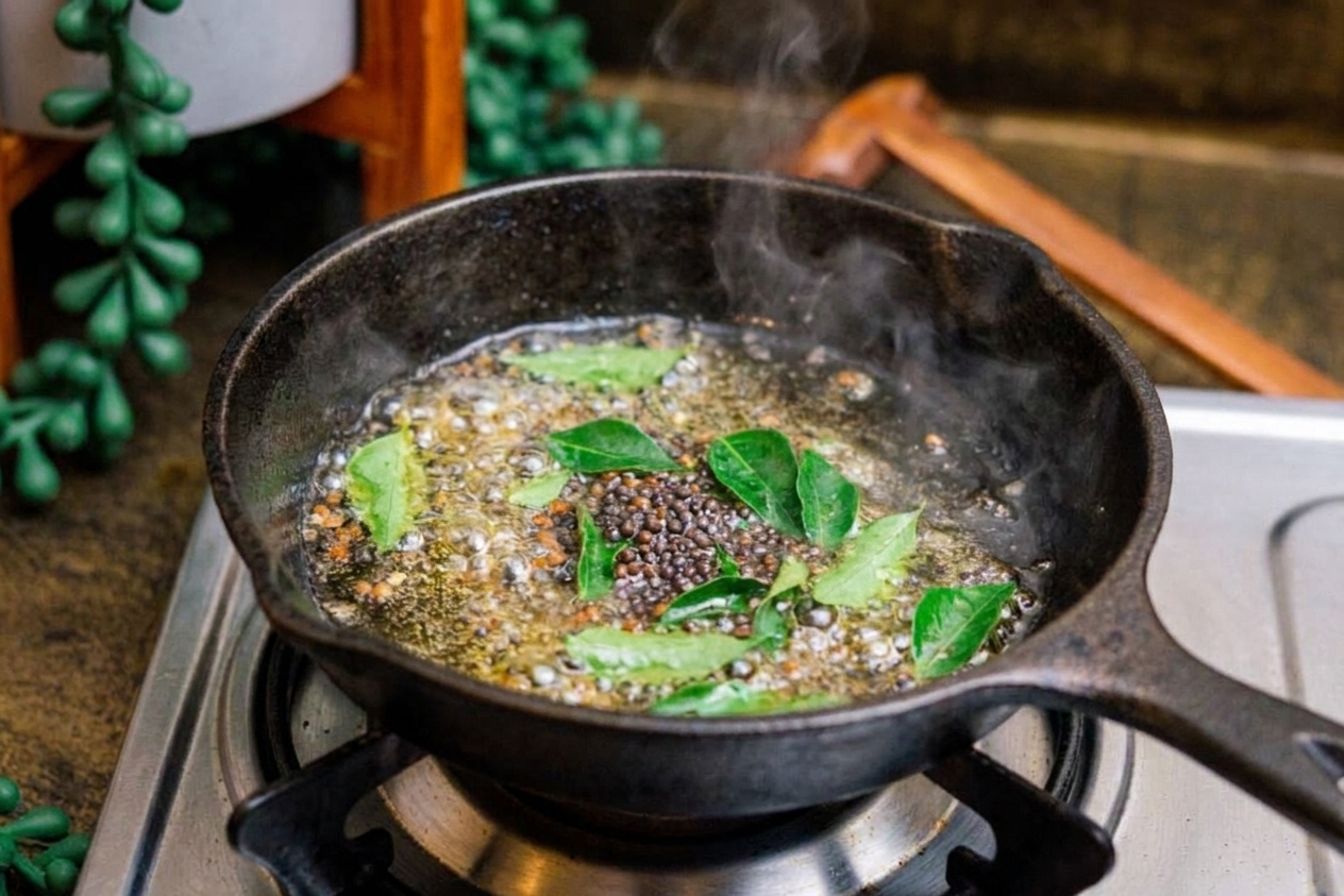 Mustard seeds and curry leaves sizzling in hot oil in a small skillet on a stovetop