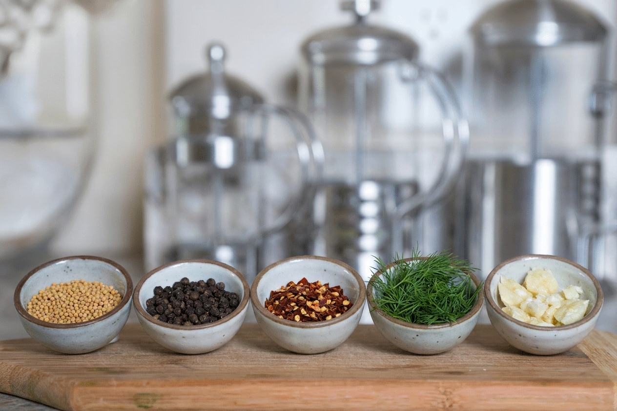 Mustard seeds, black peppercorns, red pepper flakes, fresh dill, and crushed garlic measured out in small bowls on a kitchen counter