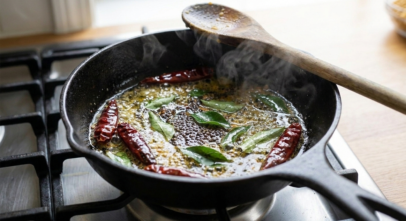 Mustard seeds, dried red chiles, and curry leaves sizzling in hot ghee in a small skillet
