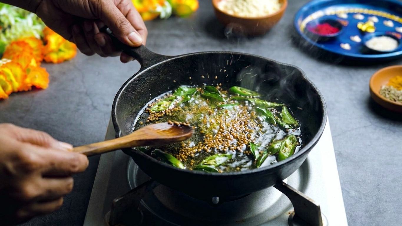 Mustard seeds popping in a small skillet with curry leaves and green chiles in hot oil on a home stove