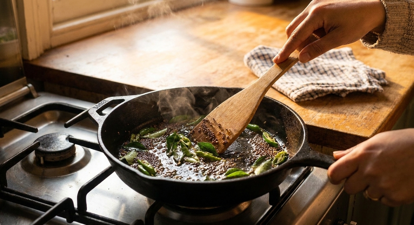 Mustard seeds popping in hot oil with curry leaves and sliced green chile in a shallow skillet on a stovetop