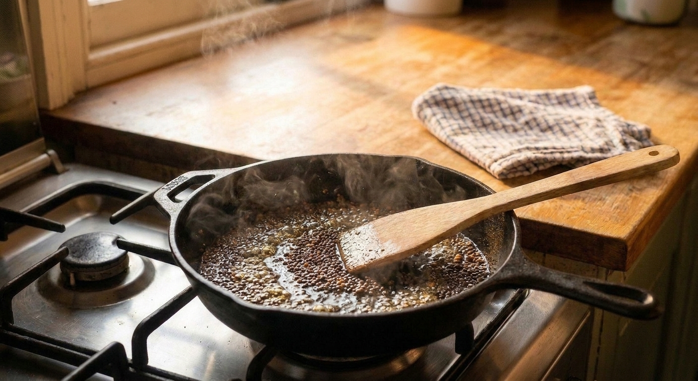 Mustard seeds sizzling and popping in hot oil in a shallow skillet on a stovetop