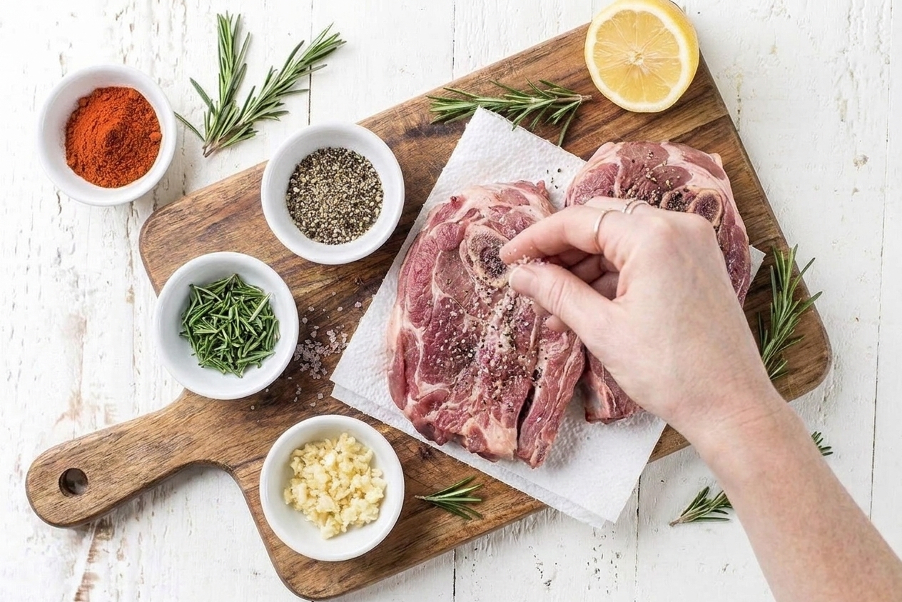 Mutton shoulder chops patted dry on a cutting board, being seasoned with salt, pepper, and paprika beside minced garlic and chopped rosemary in small bowls on a tidy kitchen counter