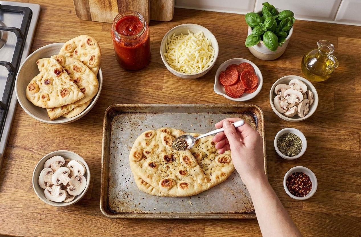 Naan bread, marinara sauce, shredded mozzarella, pepperoni, sliced mushrooms, basil, olive oil, and seasonings arranged on a kitchen counter