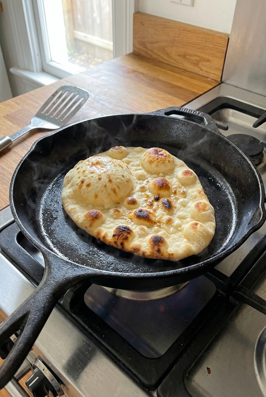 Naan cooking in a hot cast iron skillet with bubbles forming on the surface
