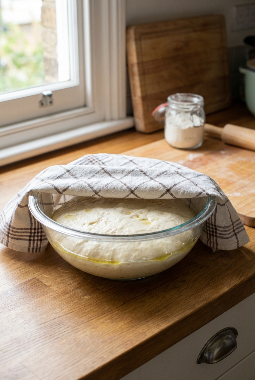 Naan dough resting in a lightly oiled bowl covered with a towel on a kitchen counter