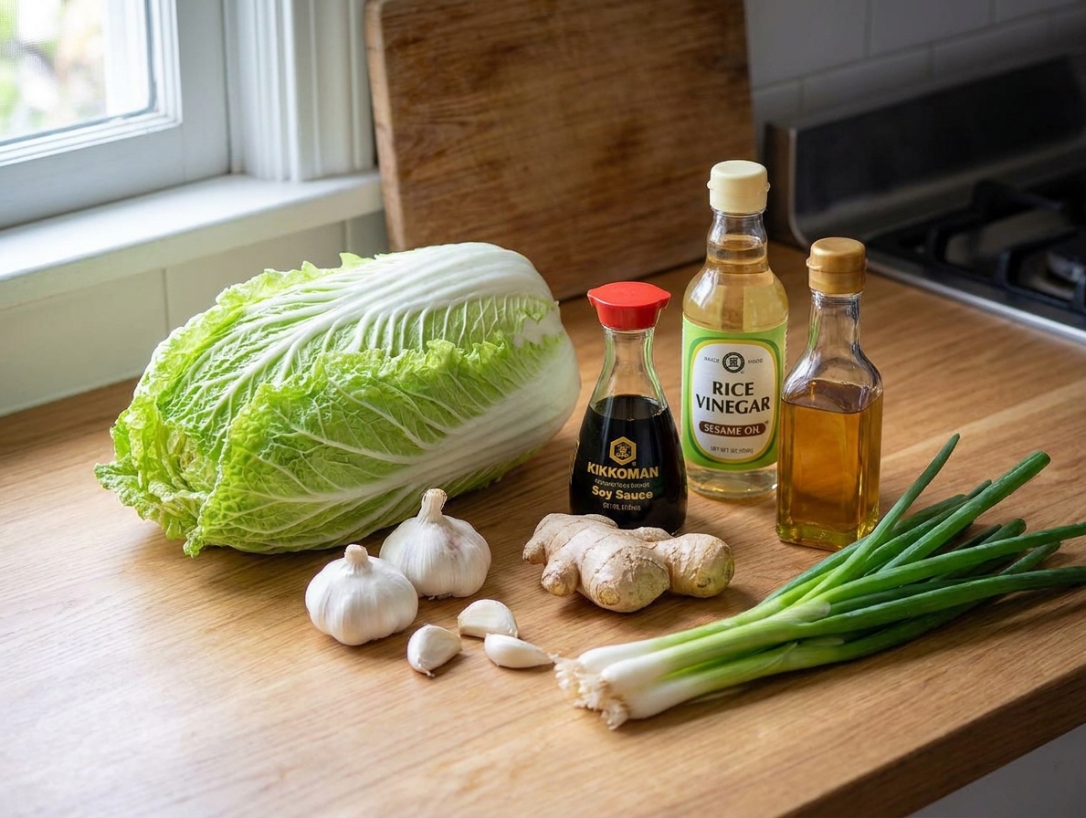 Napa cabbage, garlic cloves, fresh ginger, soy sauce, rice vinegar, sesame oil, and green onions arranged on a light kitchen counter