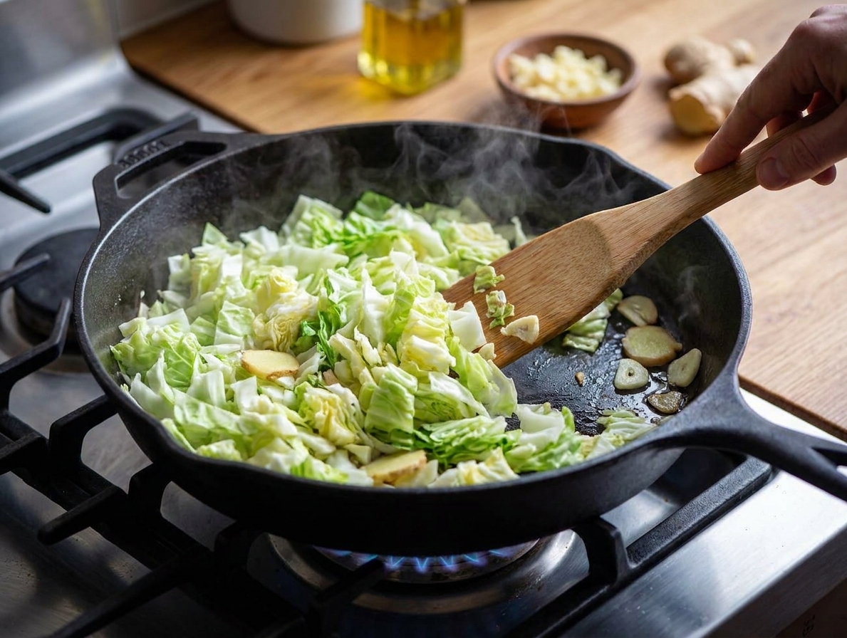 Napa cabbage sizzling in a large skillet with garlic and ginger as a wooden spatula tosses it over a gas stove