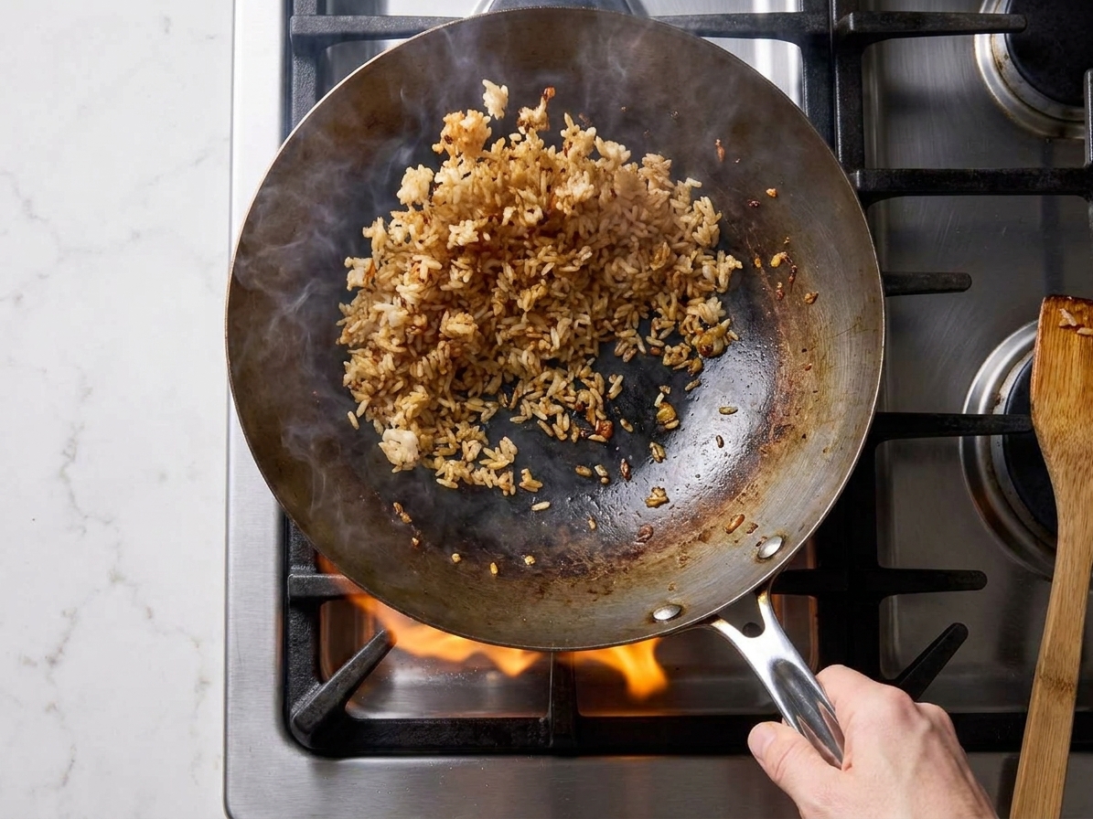 Nasi goreng rice being tossed in a wok over a gas stove flame, grains darkening and crisping