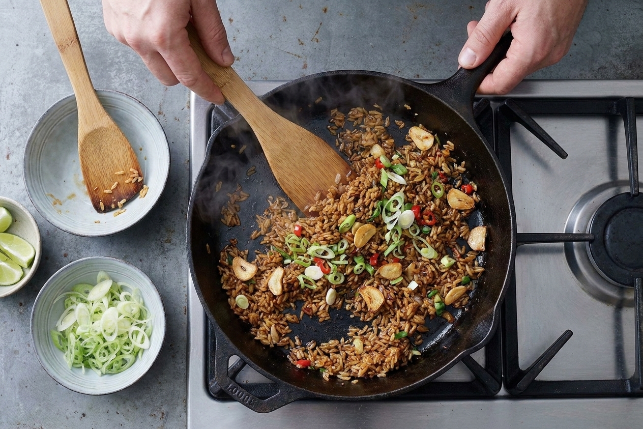 Nasi goreng rice sizzling in a dark skillet with a wooden spatula stirring, with visible bits of garlic and scallion on a stovetop