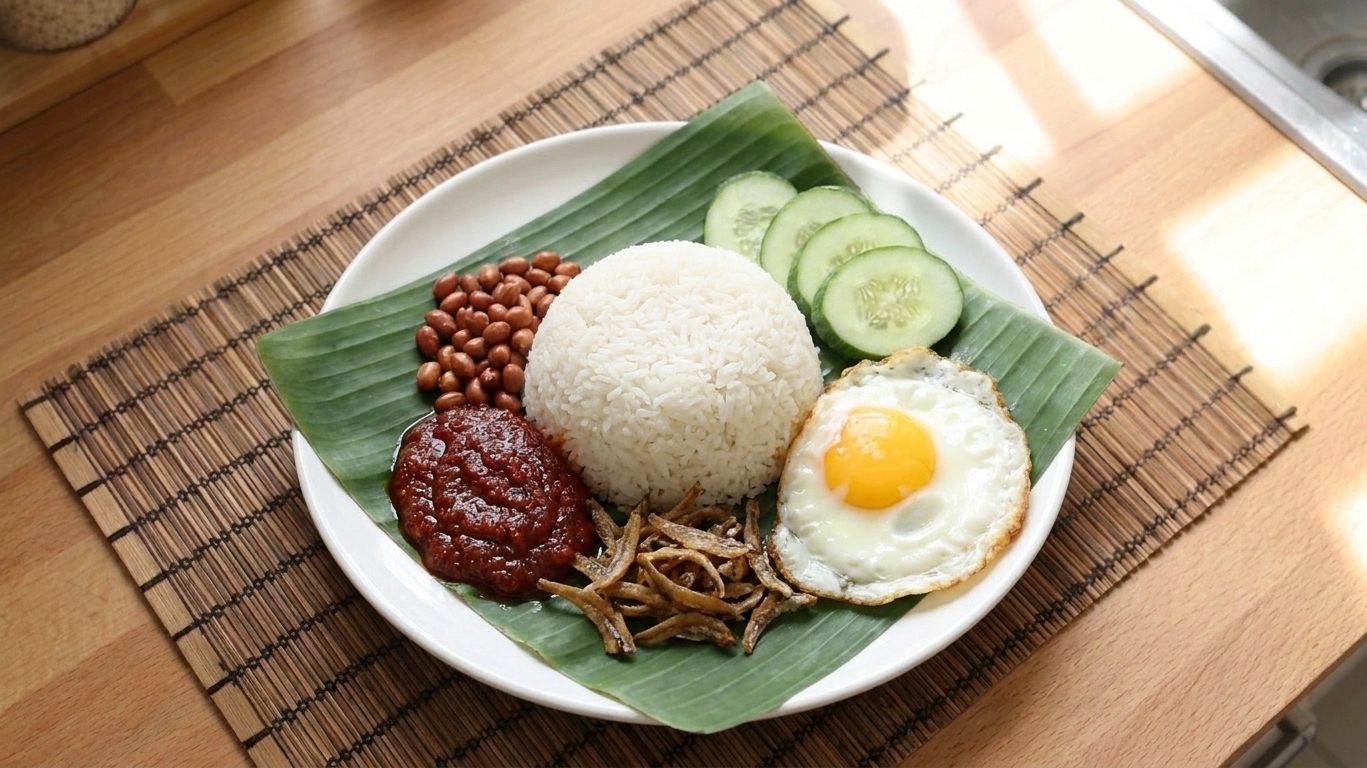 Nasi lemak assembled on a banana leaf lined plate with coconut rice, sambal, cucumber slices, peanuts, anchovies, and a fried egg in warm indoor light