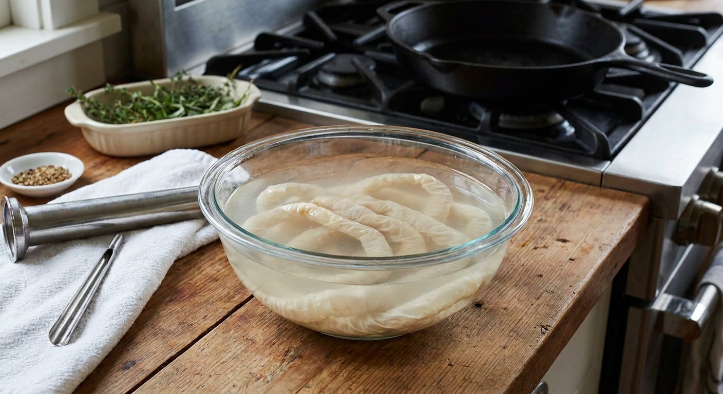 Natural hog casings soaking in a bowl of water on a kitchen counter beside a sausage stuffer attachment