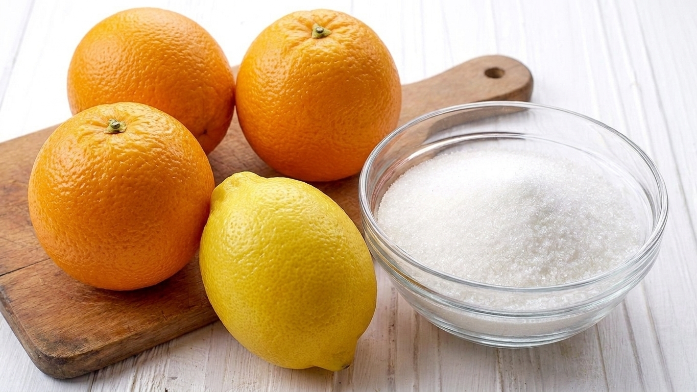 Navel oranges and a lemon next to a bowl of granulated sugar on a bright kitchen counter