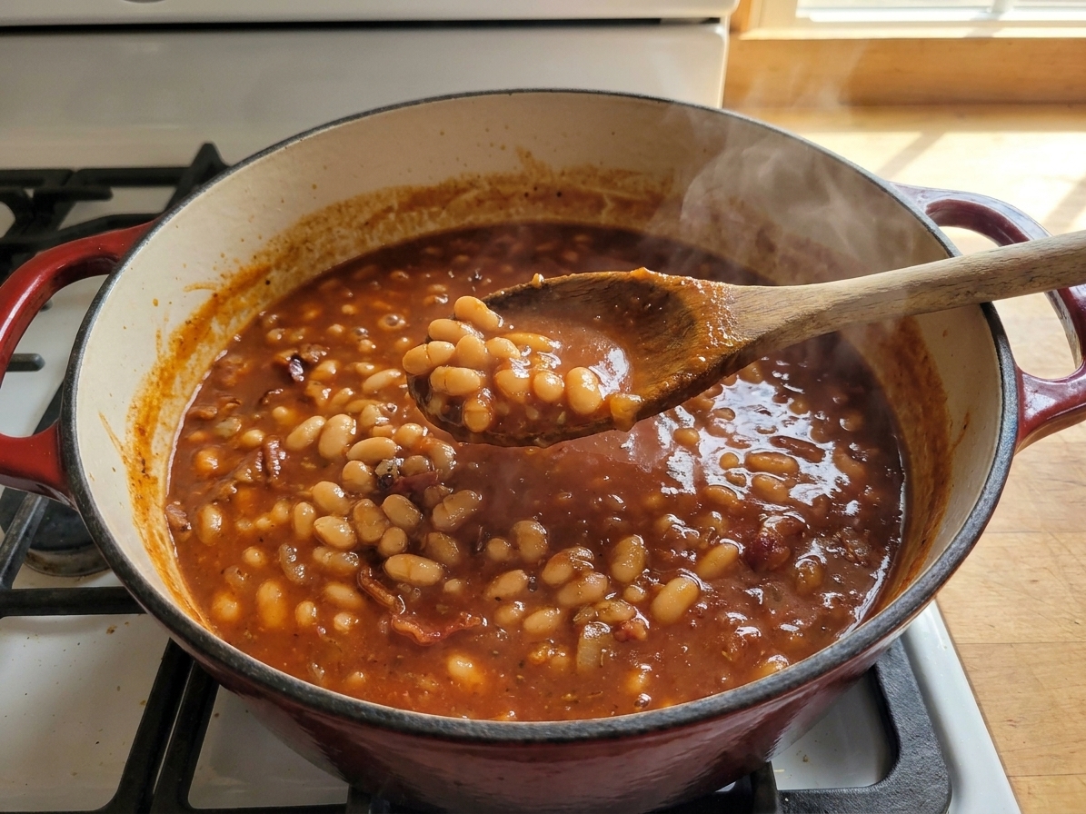 Navy beans simmering in a thick reddish sauce inside a Dutch oven with a wooden spoon stirring