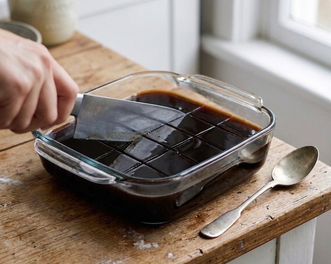 Neat cubes of coffee jelly being cut in a glass dish with a knife