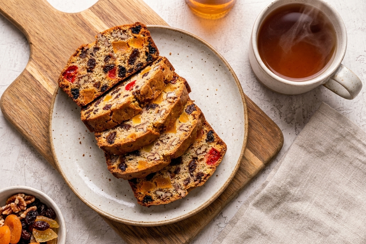 Neat slices of fruitcake arranged on a simple ceramic plate on a wooden table with a mug of tea nearby
