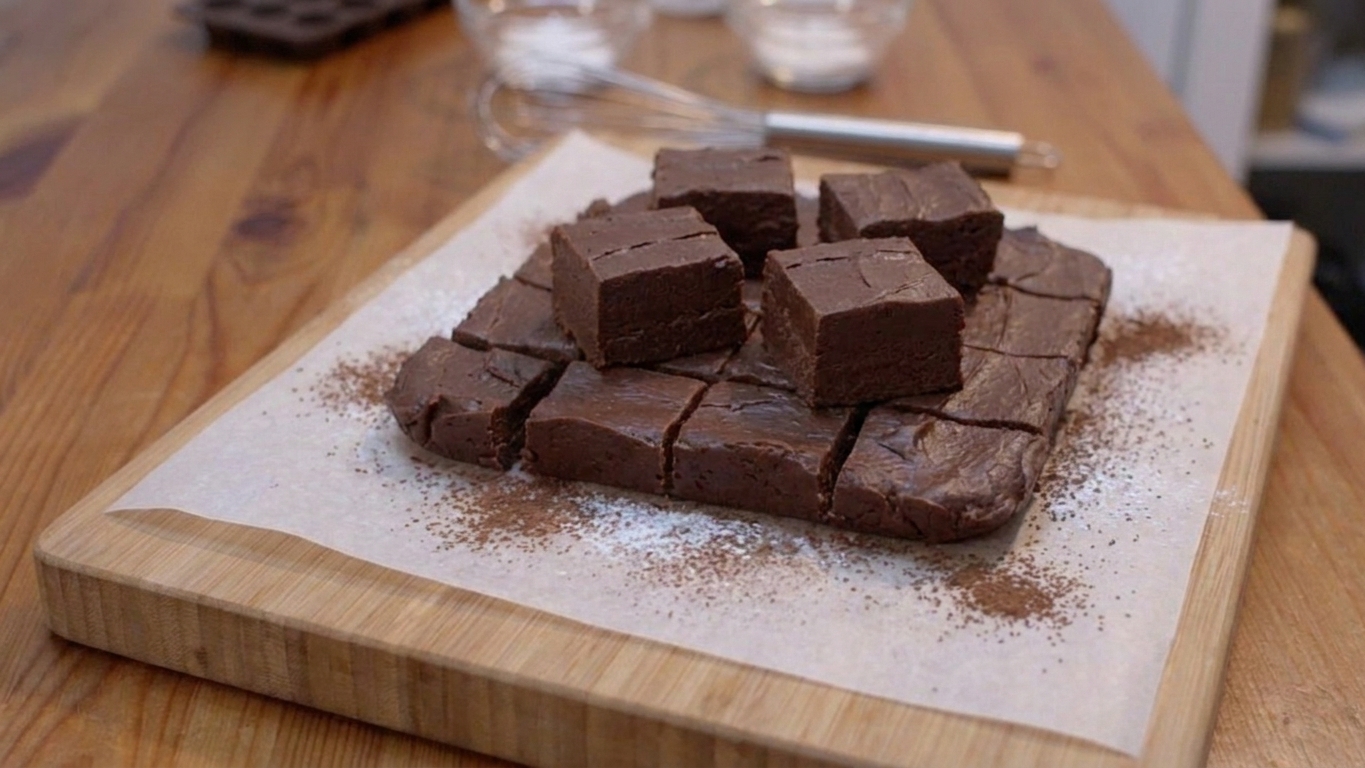 Neat squares of old fashioned chocolate fudge stacked on parchment on a wooden cutting board, with a few crumbs nearby on a warm kitchen counter