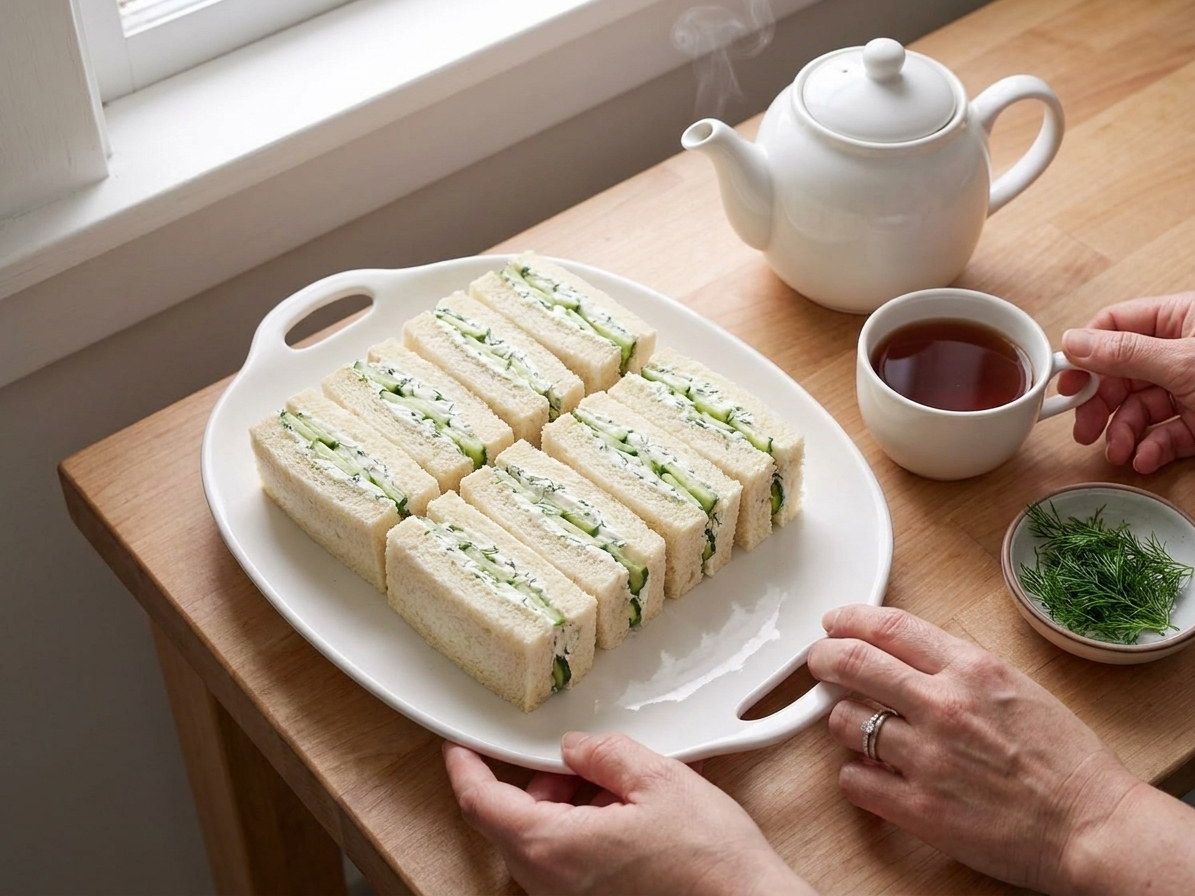 Neatly cut finger sandwiches arranged on a white serving platter with a teacup and teapot nearby on a dining table