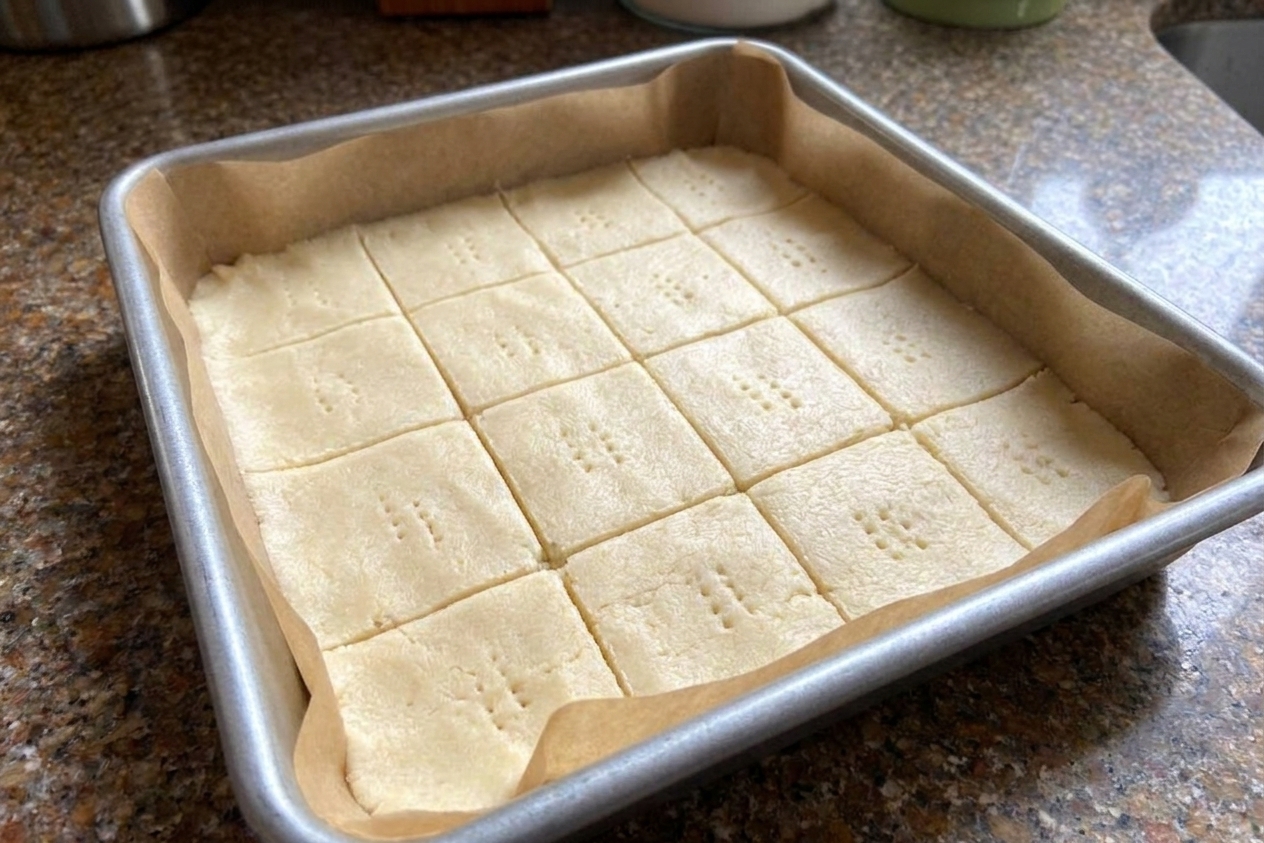 Neatly cut shortbread-style biscuit squares spaced on a parchment-lined baking sheet before baking