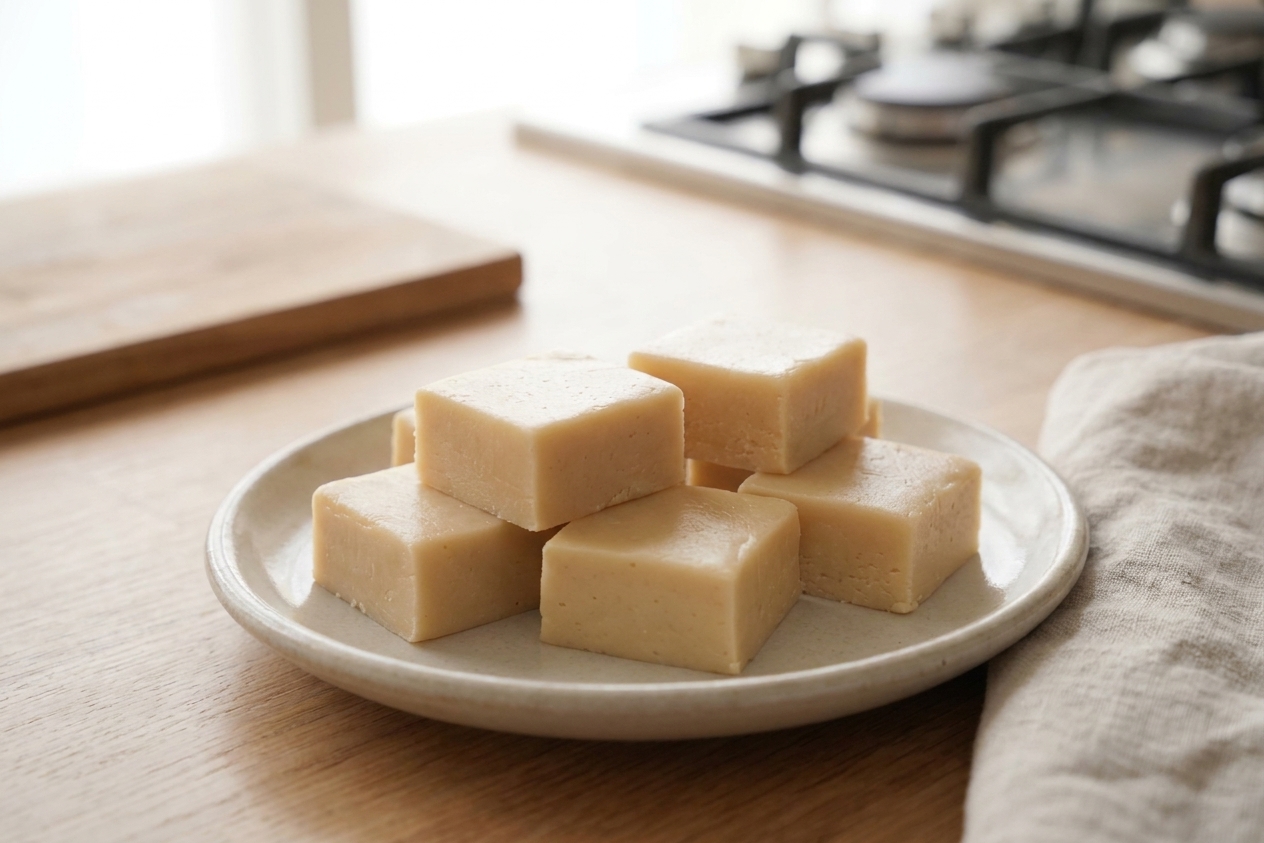 Neatly cut squares of creamy vanilla fudge stacked on a small ceramic plate on a warm-toned kitchen table with soft natural window light