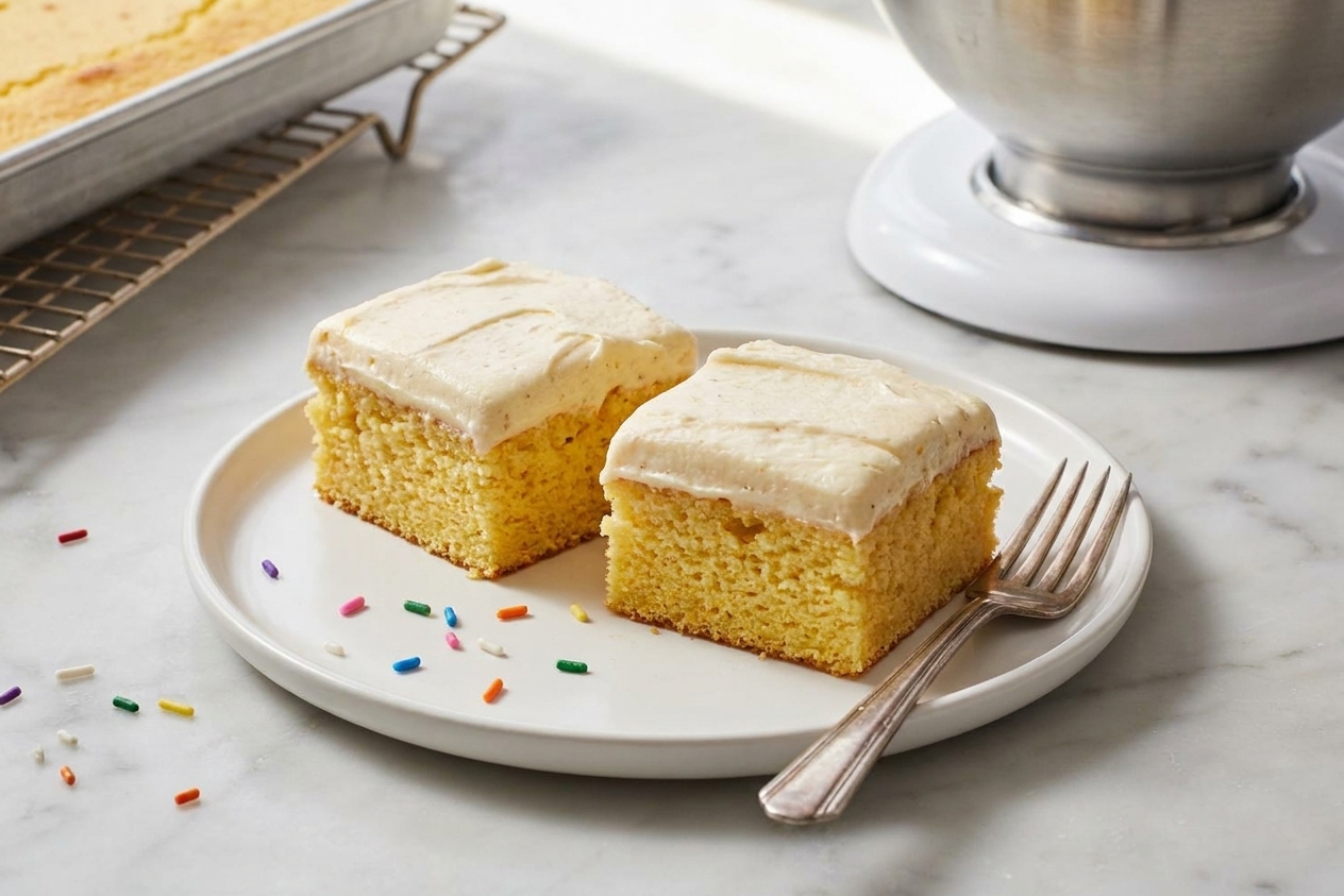 Neatly cut squares of frosted yellow sheet cake on a simple white plate at a kitchen table, with a fork and a few colorful sprinkles scattered nearby