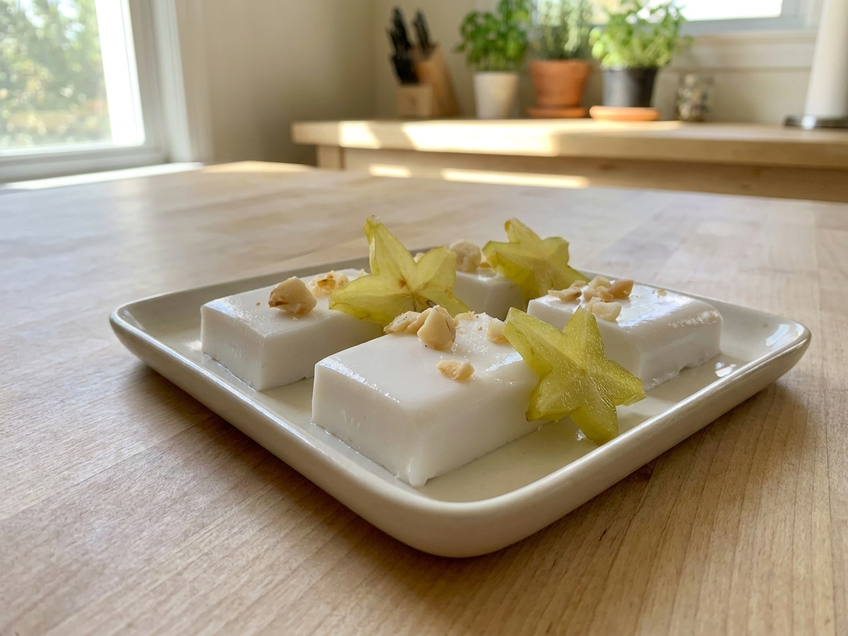 Neatly cut squares of haupia on a small plate, glossy coconut pudding with clean edges, set on a light kitchen table with soft natural window light