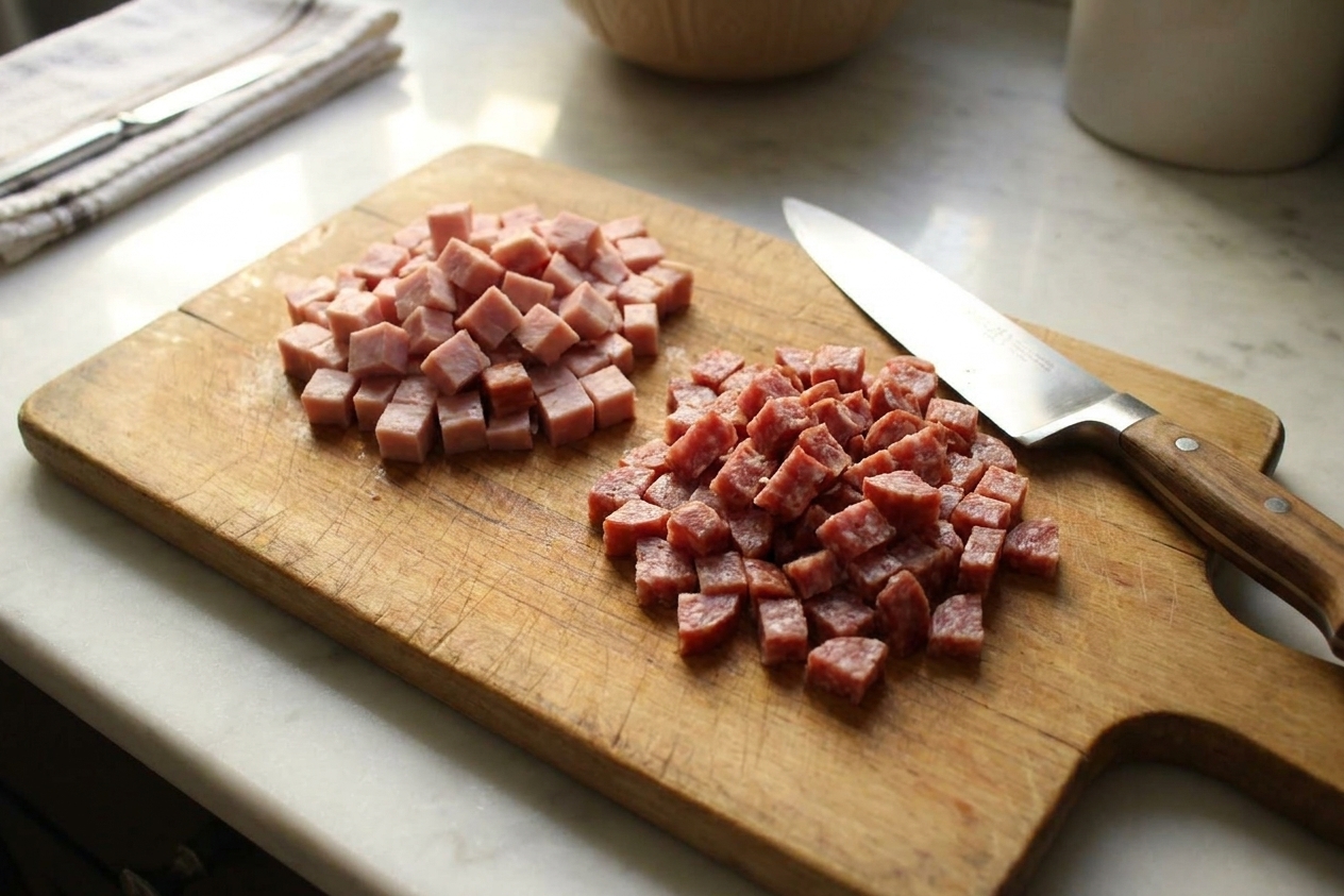 Neatly diced ham and salami on a cutting board beside a chef's knife on a light stone kitchen counter