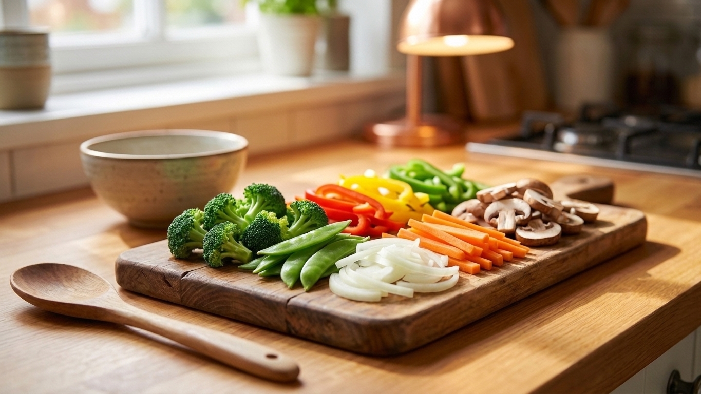 Neatly prepped stir-fry vegetables sliced and grouped in small piles on a wooden cutting board, ready for cooking