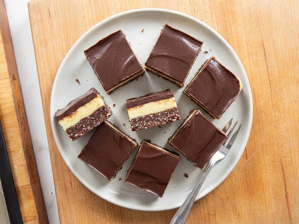 Neatly sliced Nanaimo bars arranged on a plate, showing distinct layers and clean edges on a wooden table