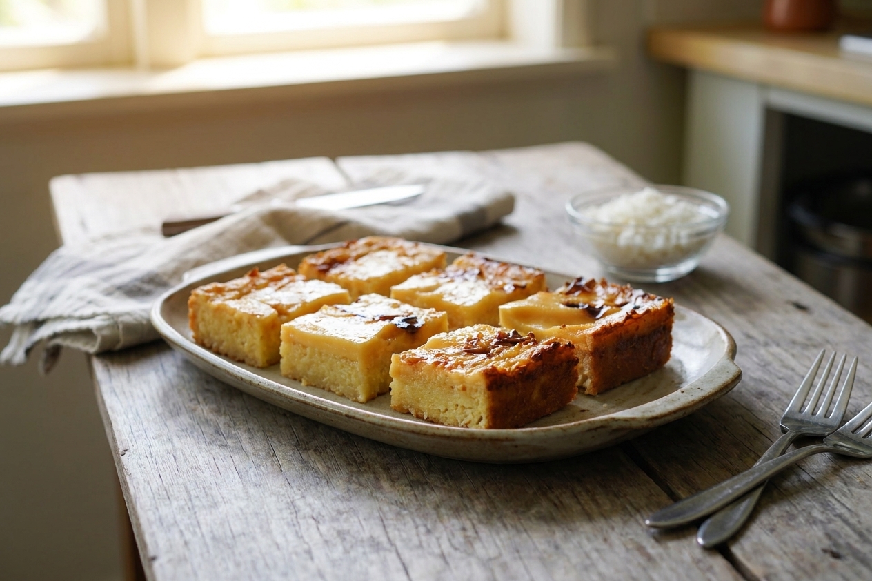 Neatly sliced cassava cake squares arranged on a serving platter on a dining table with warm natural light